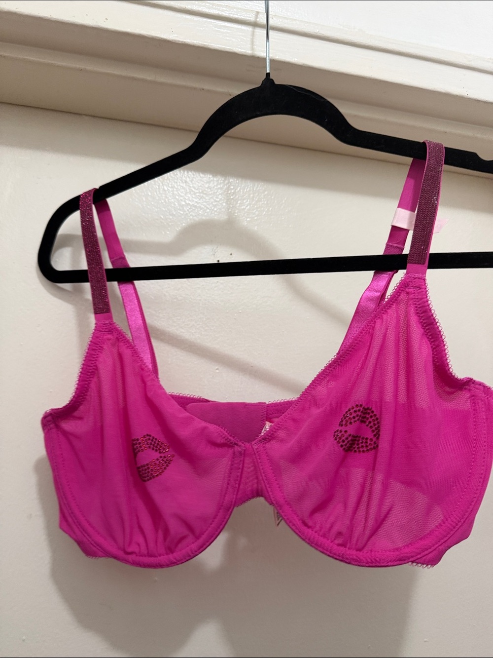 Victoria's Secret Sheer Underwire Bra in Hot Pink with Lip Motif